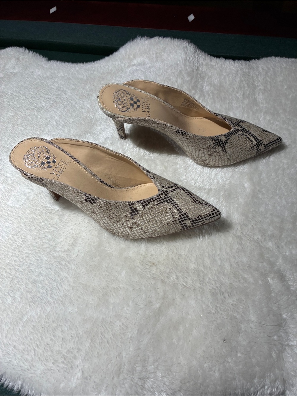 Vince Camuto Beige and Black Snake-Print Pointed Toe Mule Heels